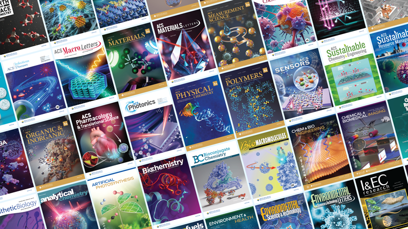 Collage of ACS journal covers arranged in a dynamic grid, each featuring colorful scientific illustrations