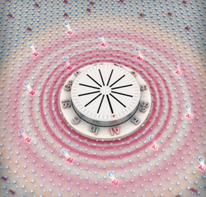 Circular dial with letters and radial lines on patterned surface.