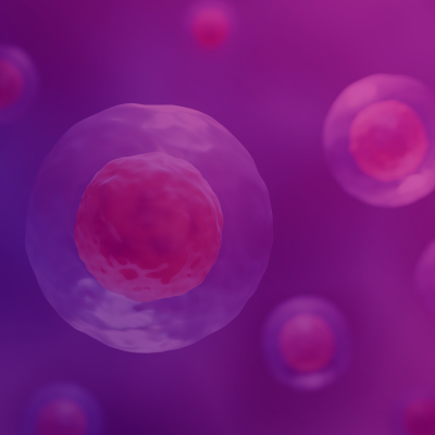The image depicts stem cells, specifically visualized through a scientific 3D animation