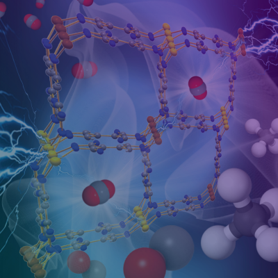 Ball and stick molecular frameworks on a blue and purple background